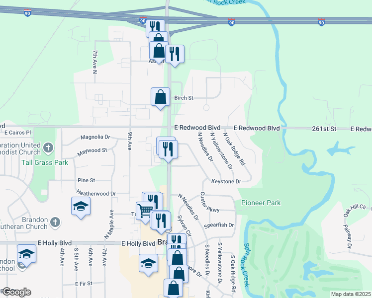 map of restaurants, bars, coffee shops, grocery stores, and more near 610 North Teton Drive in Brandon