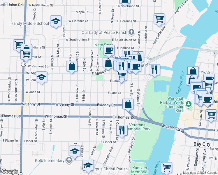 map of restaurants, bars, coffee shops, grocery stores, and more near 208 South Dean Street in Bay City