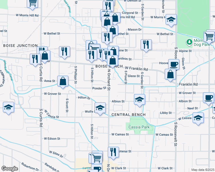 map of restaurants, bars, coffee shops, grocery stores, and more near 405 South Orchard Street in Boise