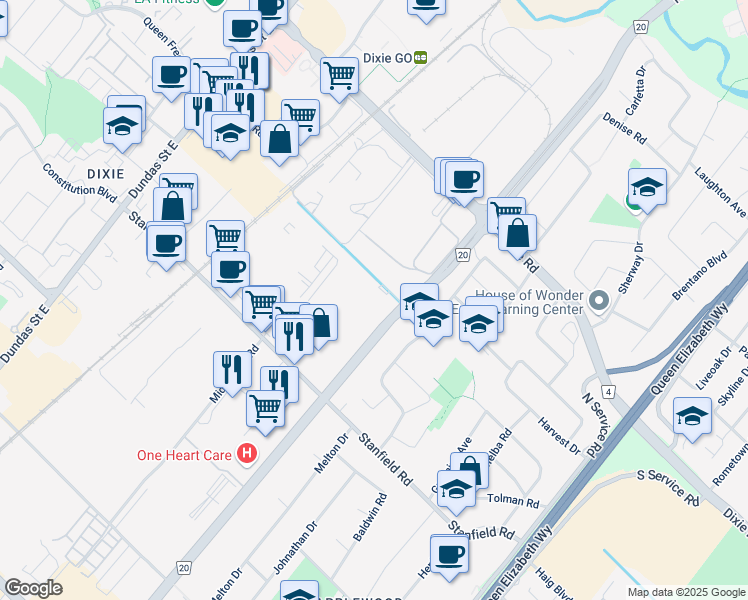 map of restaurants, bars, coffee shops, grocery stores, and more near 1225 Queensway East in Mississauga