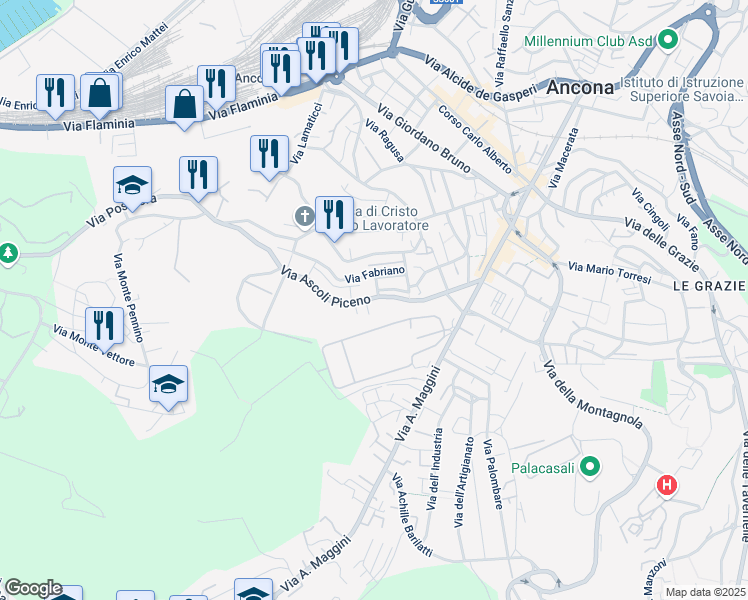 map of restaurants, bars, coffee shops, grocery stores, and more near 71 Via Ascoli Piceno in Ancona