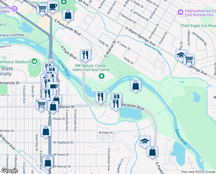 map of restaurants, bars, coffee shops, grocery stores, and more near Boise River Greenbelt in Ada County
