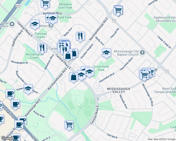 map of restaurants, bars, coffee shops, grocery stores, and more near 1180 Mississauga Valley Boulevard in Mississauga