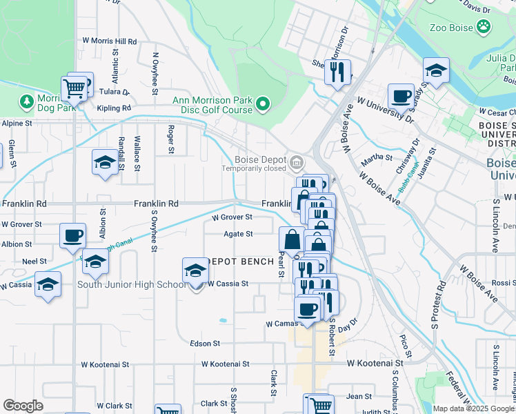 map of restaurants, bars, coffee shops, grocery stores, and more near 2819 Rose Hill Street in Boise