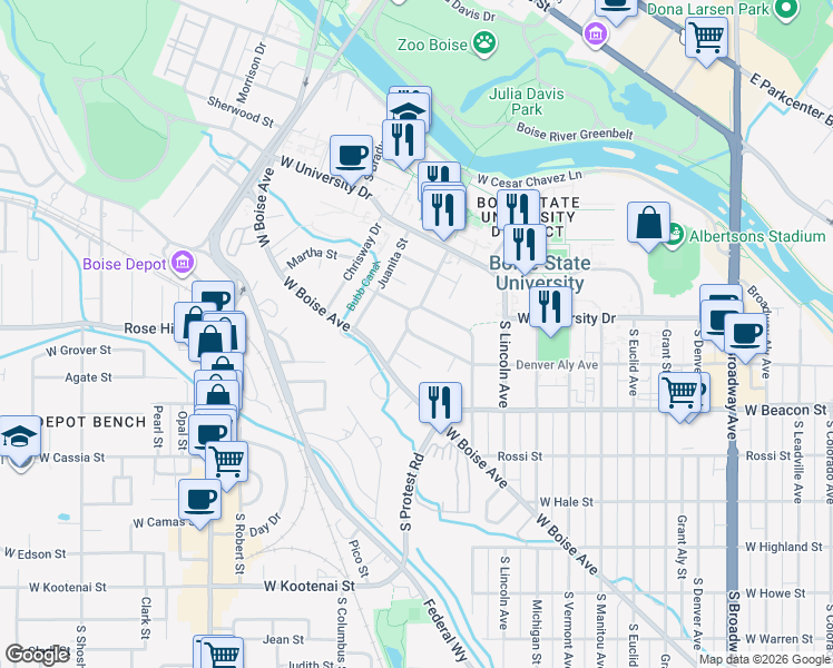 map of restaurants, bars, coffee shops, grocery stores, and more near 1870 Belmont Street in Boise