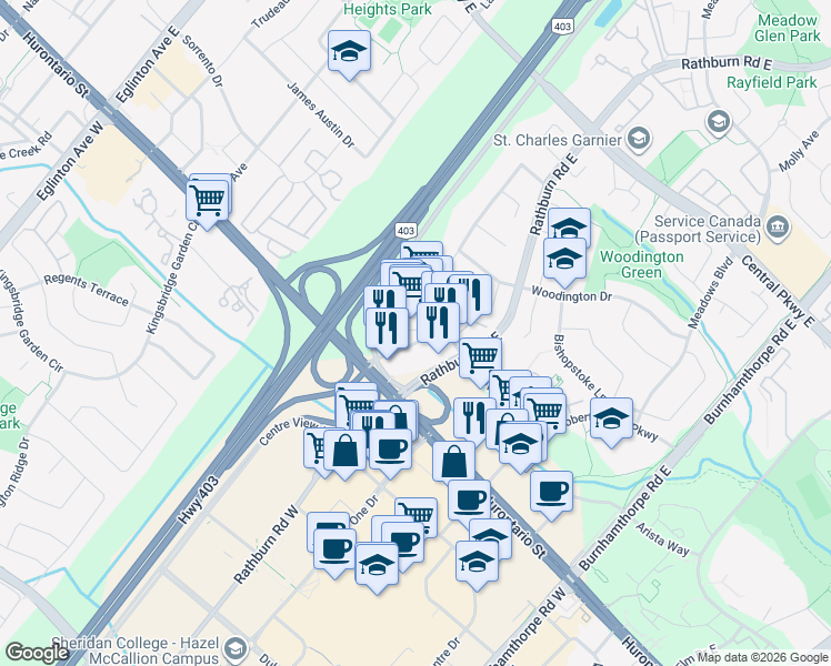map of restaurants, bars, coffee shops, grocery stores, and more near 80 Village Centre Place in Mississauga