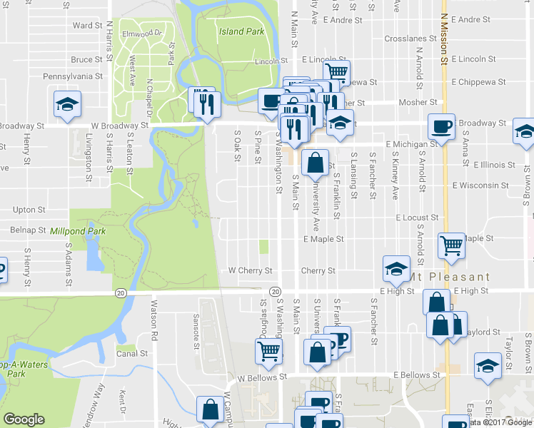 map of restaurants, bars, coffee shops, grocery stores, and more near 216 West Locust Street in Mount Pleasant