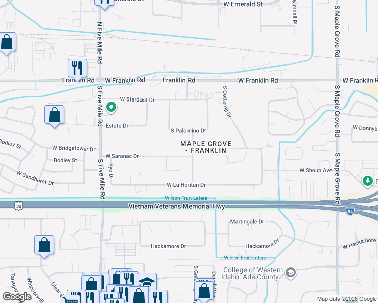 map of restaurants, bars, coffee shops, grocery stores, and more near 485 South El Blanco Drive in Boise