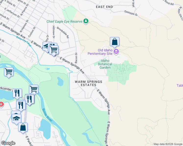 map of restaurants, bars, coffee shops, grocery stores, and more near 2202 East Warm Springs Avenue in Boise