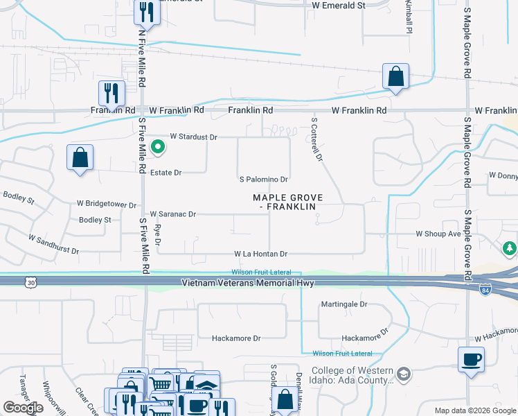 map of restaurants, bars, coffee shops, grocery stores, and more near 485 South El Blanco Drive in Boise