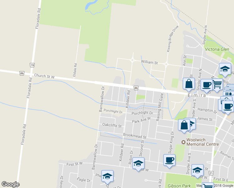 map of restaurants, bars, coffee shops, grocery stores, and more near 38 Poffenroth Path in Elmira