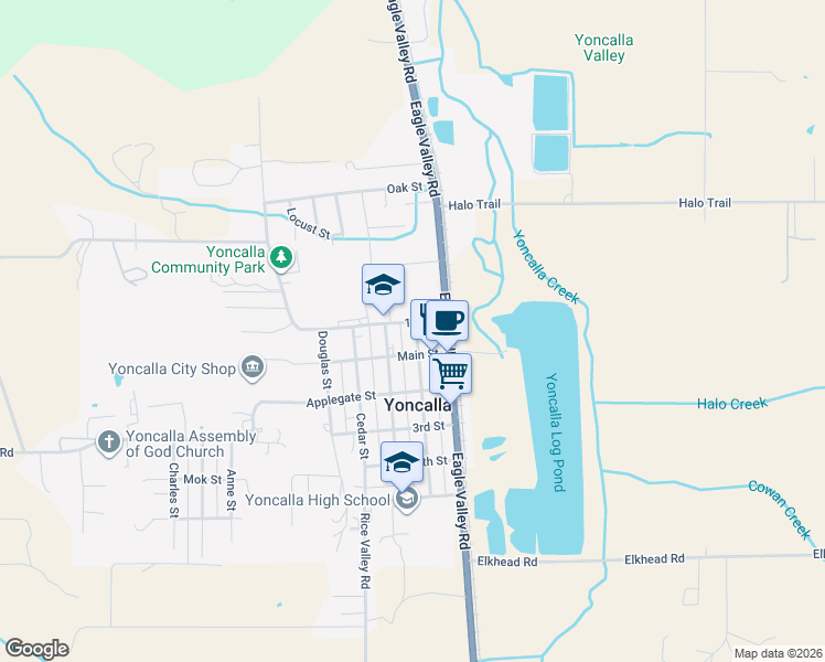 map of restaurants, bars, coffee shops, grocery stores, and more near 153 Alder Street in Yoncalla