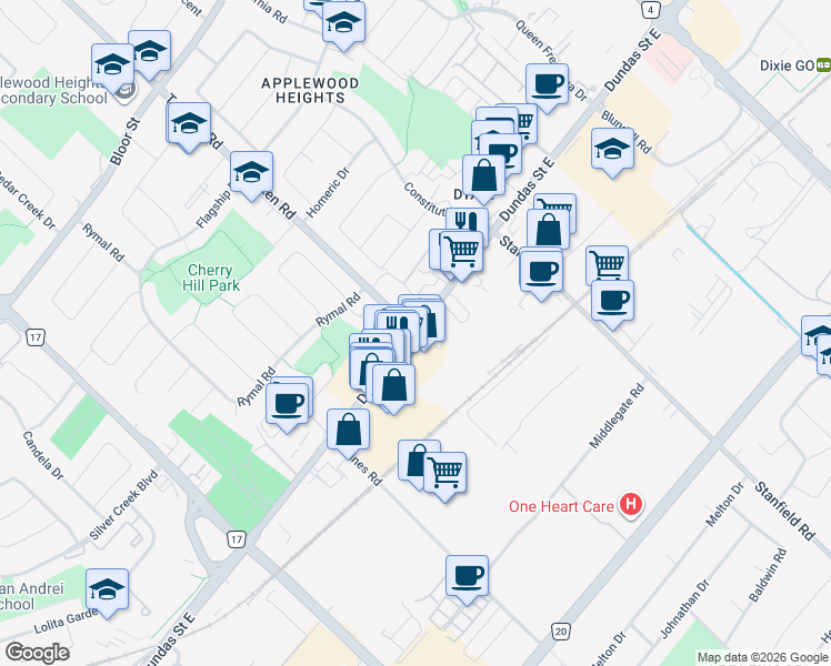 map of restaurants, bars, coffee shops, grocery stores, and more near Dundas St E & Tomken Rd in Mississauga