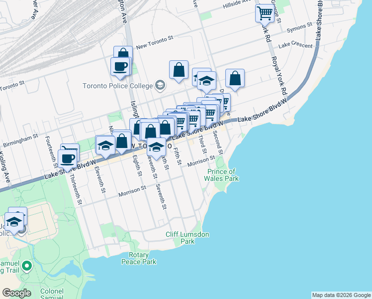 map of restaurants, bars, coffee shops, grocery stores, and more near 90 Fourth Street in Toronto