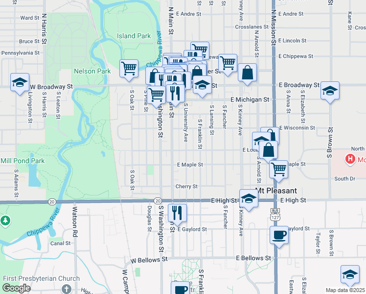 map of restaurants, bars, coffee shops, grocery stores, and more near 416 South University Avenue in Mount Pleasant