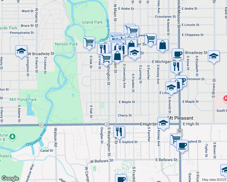 map of restaurants, bars, coffee shops, grocery stores, and more near 430 South Main Street in Mount Pleasant