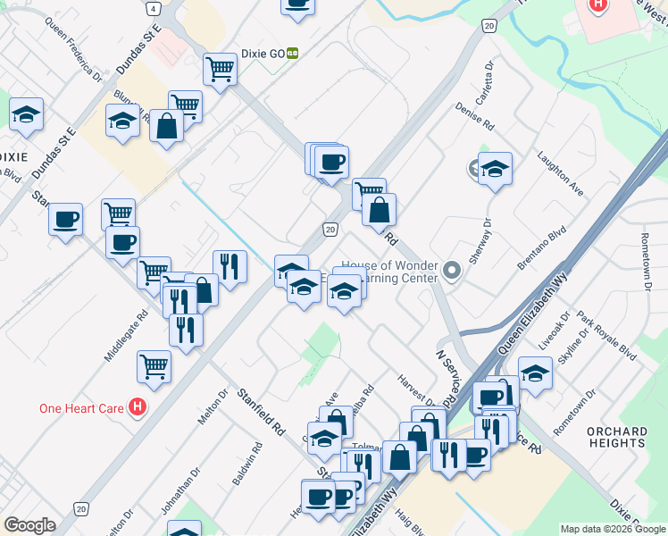 map of restaurants, bars, coffee shops, grocery stores, and more near in Mississauga