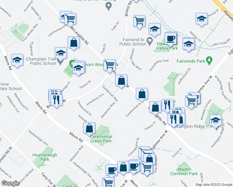 map of restaurants, bars, coffee shops, grocery stores, and more near 5255 Guildwood Way in Mississauga