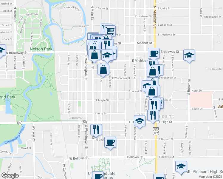 map of restaurants, bars, coffee shops, grocery stores, and more near 429 South Franklin Street in Mount Pleasant