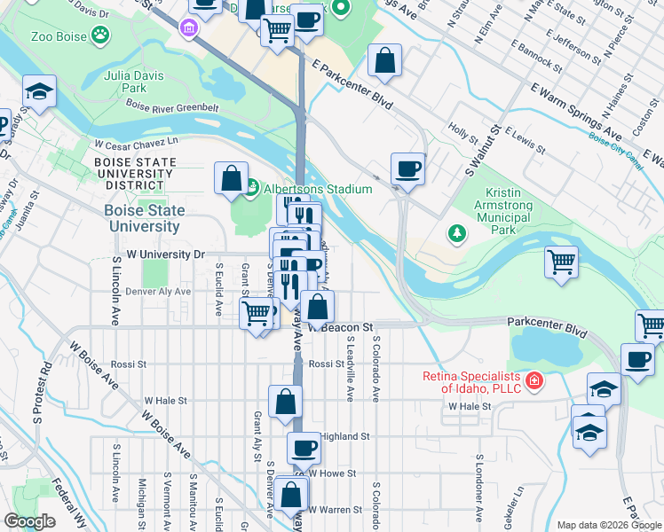 map of restaurants, bars, coffee shops, grocery stores, and more near 101-3 South Leadville Avenue in Boise