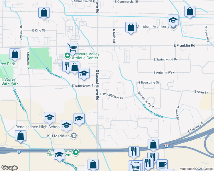 map of restaurants, bars, coffee shops, grocery stores, and more near 473 South Torino Avenue in Meridian