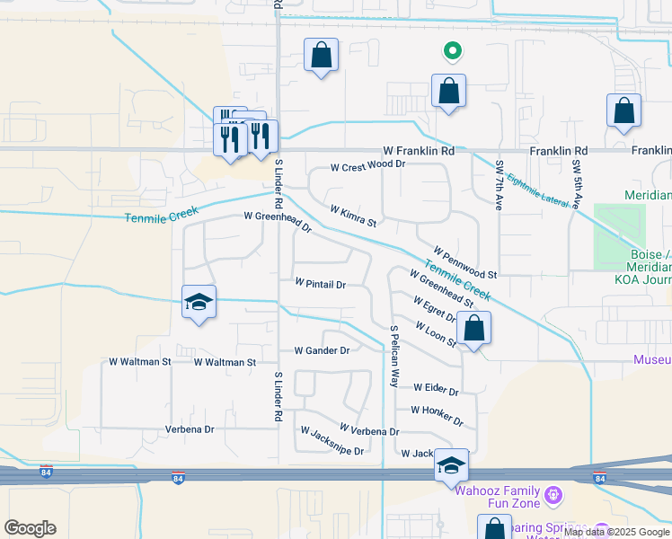 map of restaurants, bars, coffee shops, grocery stores, and more near 342 South Nistler Lane in Meridian