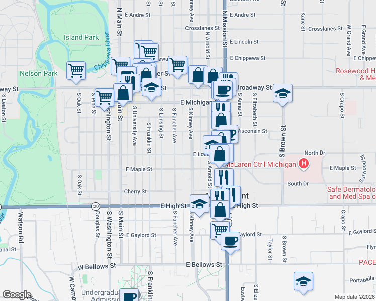 map of restaurants, bars, coffee shops, grocery stores, and more near 509 East Locust Street in Mount Pleasant