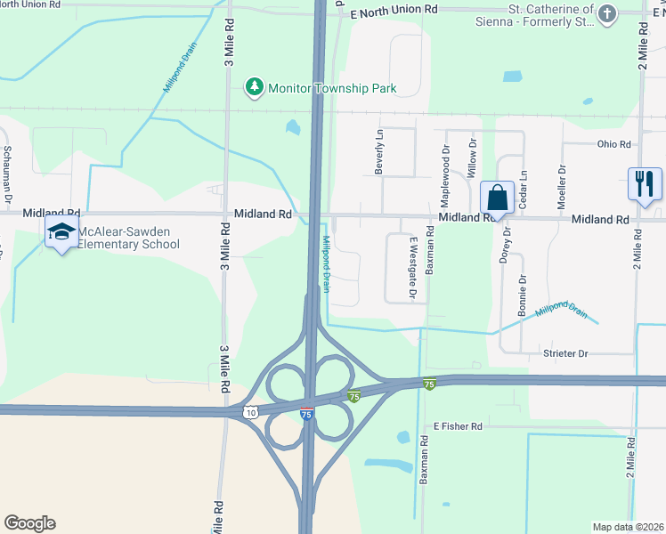 map of restaurants, bars, coffee shops, grocery stores, and more near 4829 Apple Tree Lane in Bay City