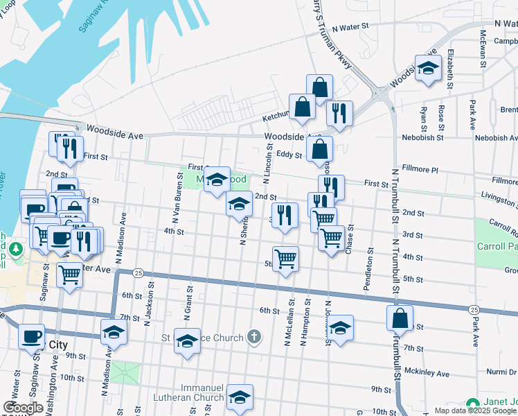 map of restaurants, bars, coffee shops, grocery stores, and more near 1109 North Lincoln Street in Bay City