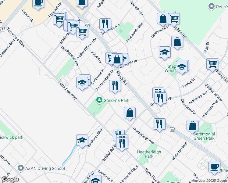 map of restaurants, bars, coffee shops, grocery stores, and more near in Mississauga