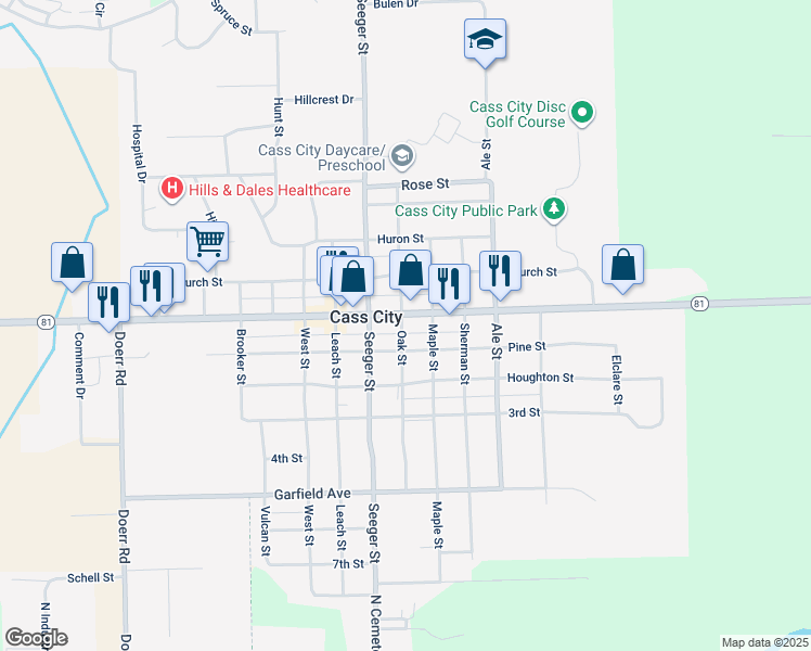map of restaurants, bars, coffee shops, grocery stores, and more near 6544 Main Street in Cass City