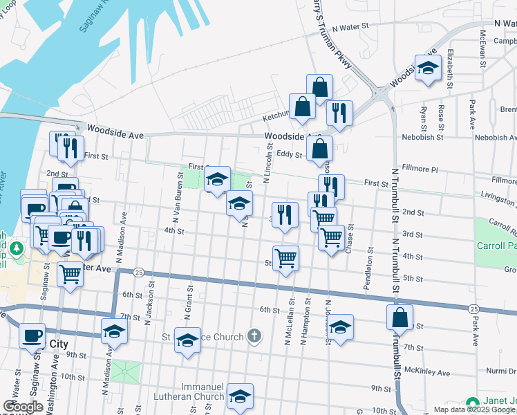 map of restaurants, bars, coffee shops, grocery stores, and more near 1109 North Lincoln Street in Bay City