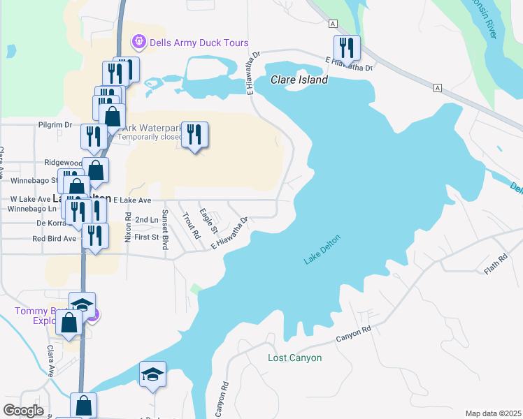 map of restaurants, bars, coffee shops, grocery stores, and more near 650 East Hiawatha Drive in Wisconsin Dells