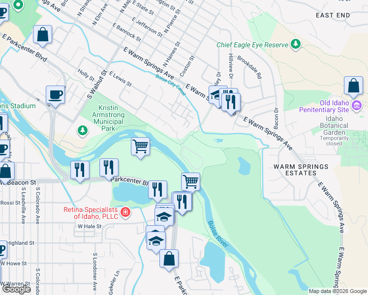 map of restaurants, bars, coffee shops, grocery stores, and more near 514 South Marden Street in Boise