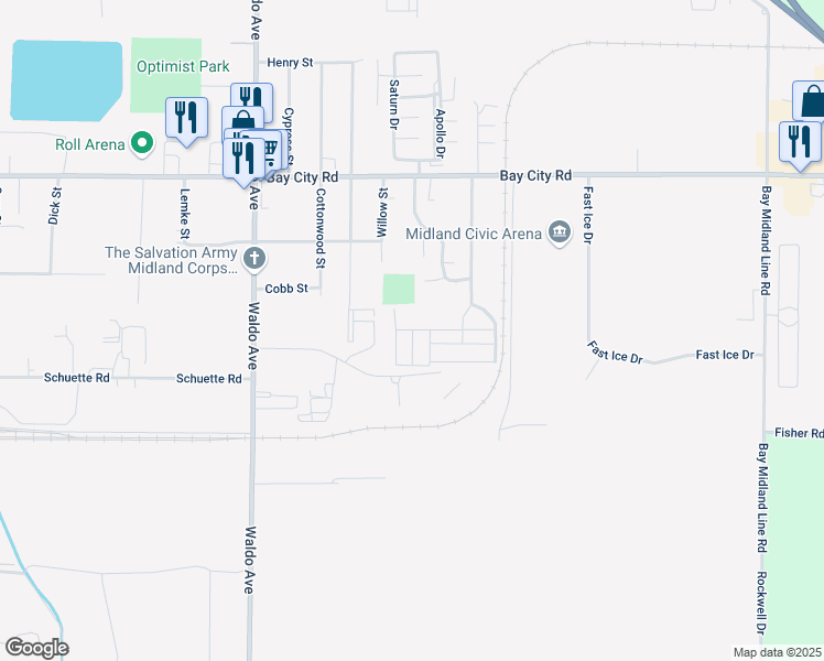 map of restaurants, bars, coffee shops, grocery stores, and more near 333 Dyke Drive in Midland