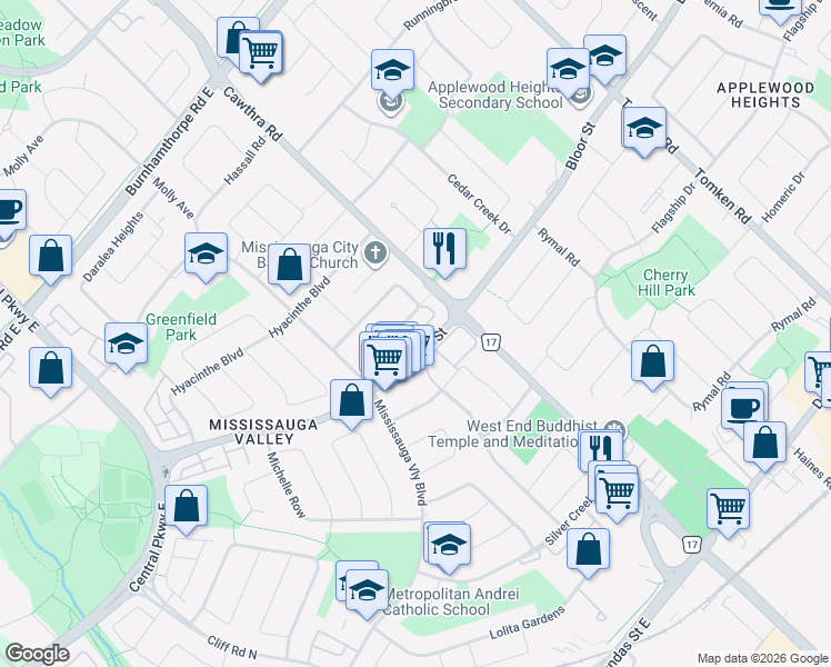 map of restaurants, bars, coffee shops, grocery stores, and more near 725 Vermouth Avenue in Mississauga