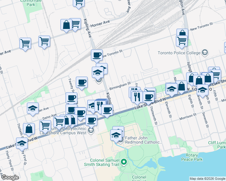 map of restaurants, bars, coffee shops, grocery stores, and more near 265 Birmingham Street in Toronto