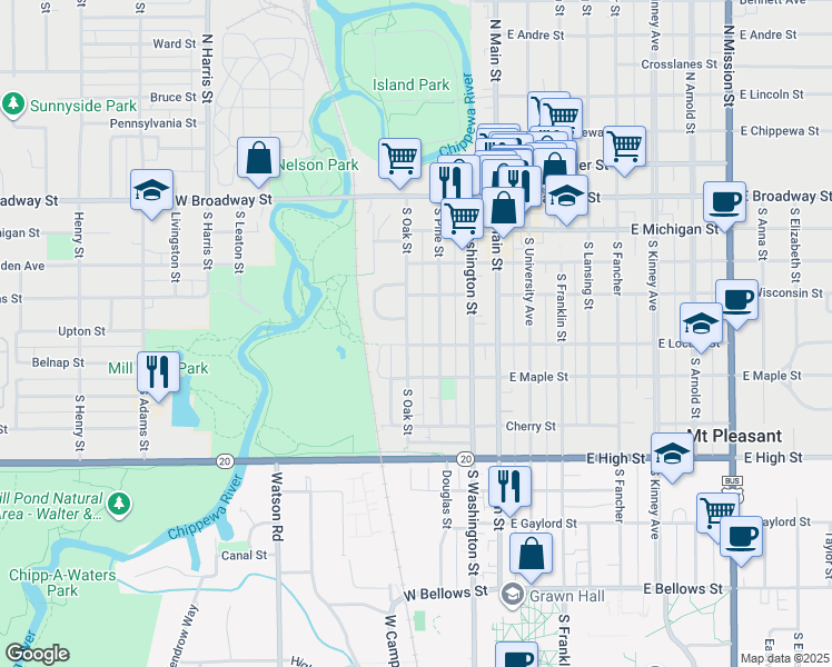 map of restaurants, bars, coffee shops, grocery stores, and more near 320 West Locust Street in Mount Pleasant