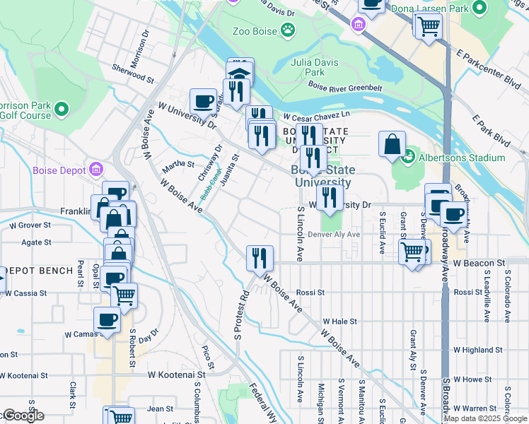 map of restaurants, bars, coffee shops, grocery stores, and more near 1870 Belmont Street in Boise