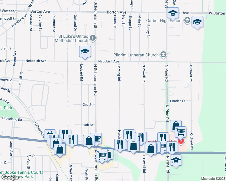 map of restaurants, bars, coffee shops, grocery stores, and more near 817 Harding Road in Essexville