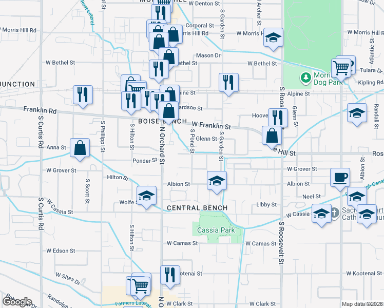 map of restaurants, bars, coffee shops, grocery stores, and more near 402 South Pond Street in Boise