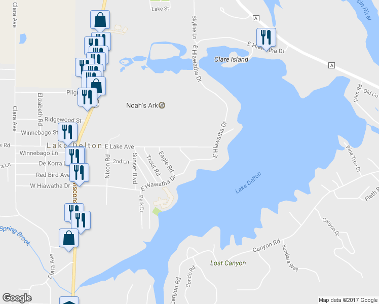 map of restaurants, bars, coffee shops, grocery stores, and more near 630 East Lake Avenue in Wisconsin Dells