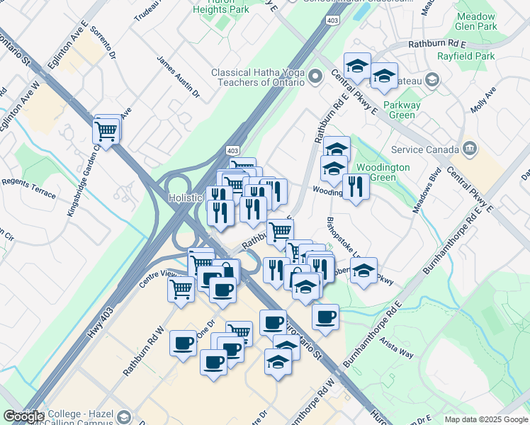 map of restaurants, bars, coffee shops, grocery stores, and more near in Mississauga