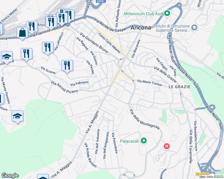 map of restaurants, bars, coffee shops, grocery stores, and more near 21 Viale Cristoforo Colombo in Ancona