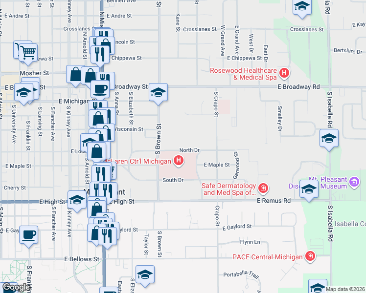map of restaurants, bars, coffee shops, grocery stores, and more near 1301 North Drive in Mount Pleasant