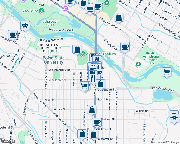 map of restaurants, bars, coffee shops, grocery stores, and more near 1076 South Denver Avenue in Boise