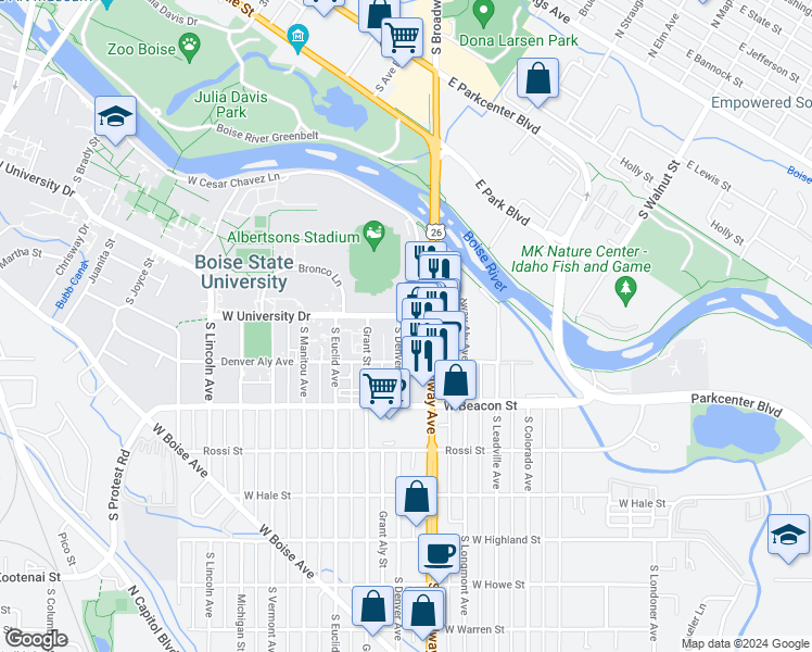 map of restaurants, bars, coffee shops, grocery stores, and more near 1076 South Denver Avenue in Boise