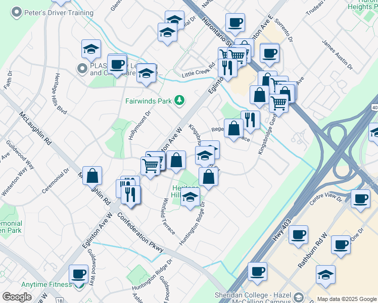map of restaurants, bars, coffee shops, grocery stores, and more near in Mississauga
