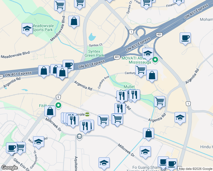 map of restaurants, bars, coffee shops, grocery stores, and more near 7030 Century Avenue in Mississauga
