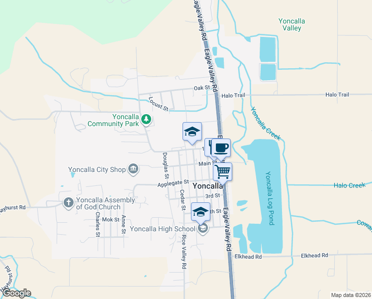 map of restaurants, bars, coffee shops, grocery stores, and more near 1st Street in Yoncalla